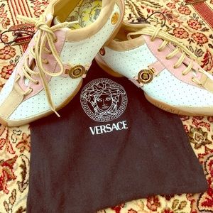 Versace 3 tone leather suede gold Medusa sneakers